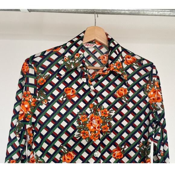 Vtg 70's Colorful Floral Geo Patterned Button Up Shirt Dagger Collar Sz 36 Retro - Picture 3 of 12